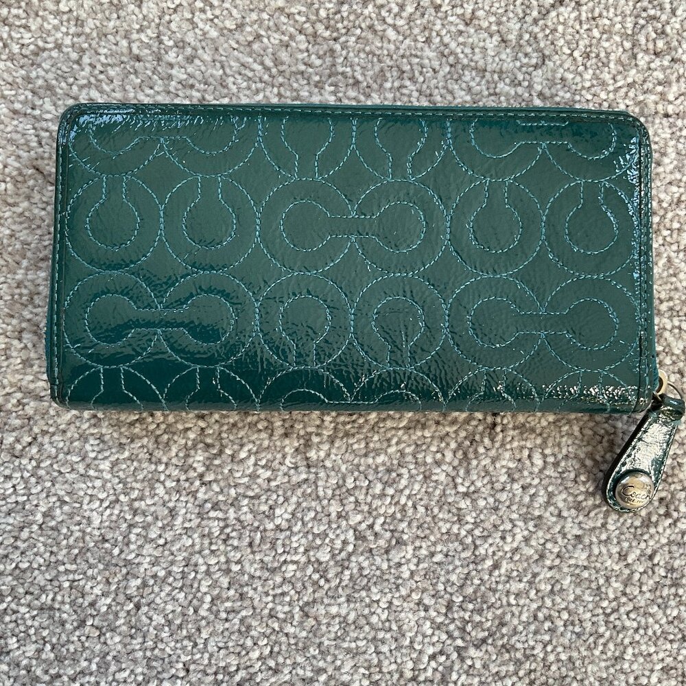 Coach Dark Turquoise Quilted Logo Zip Around Accordion Wallet